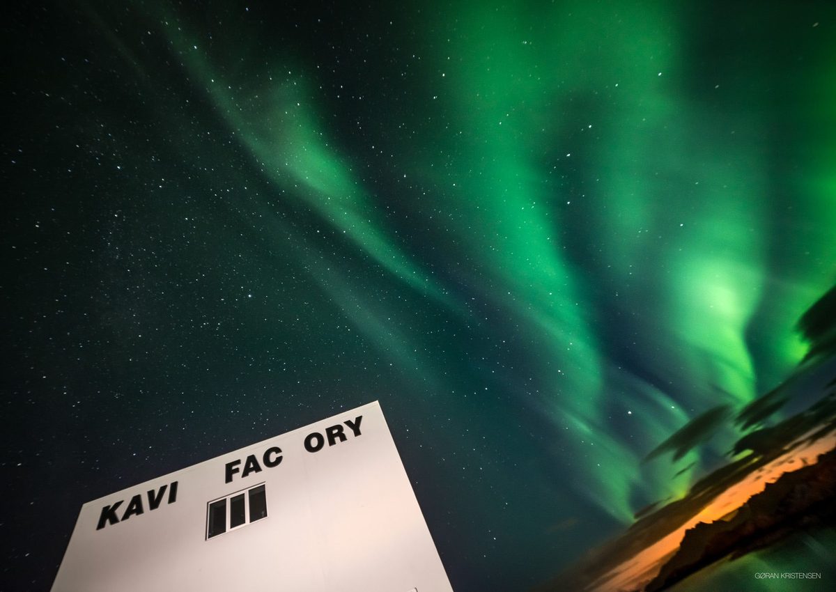 Nordlys i grønt over en bygning ved kysten, med et opplyst landskap under